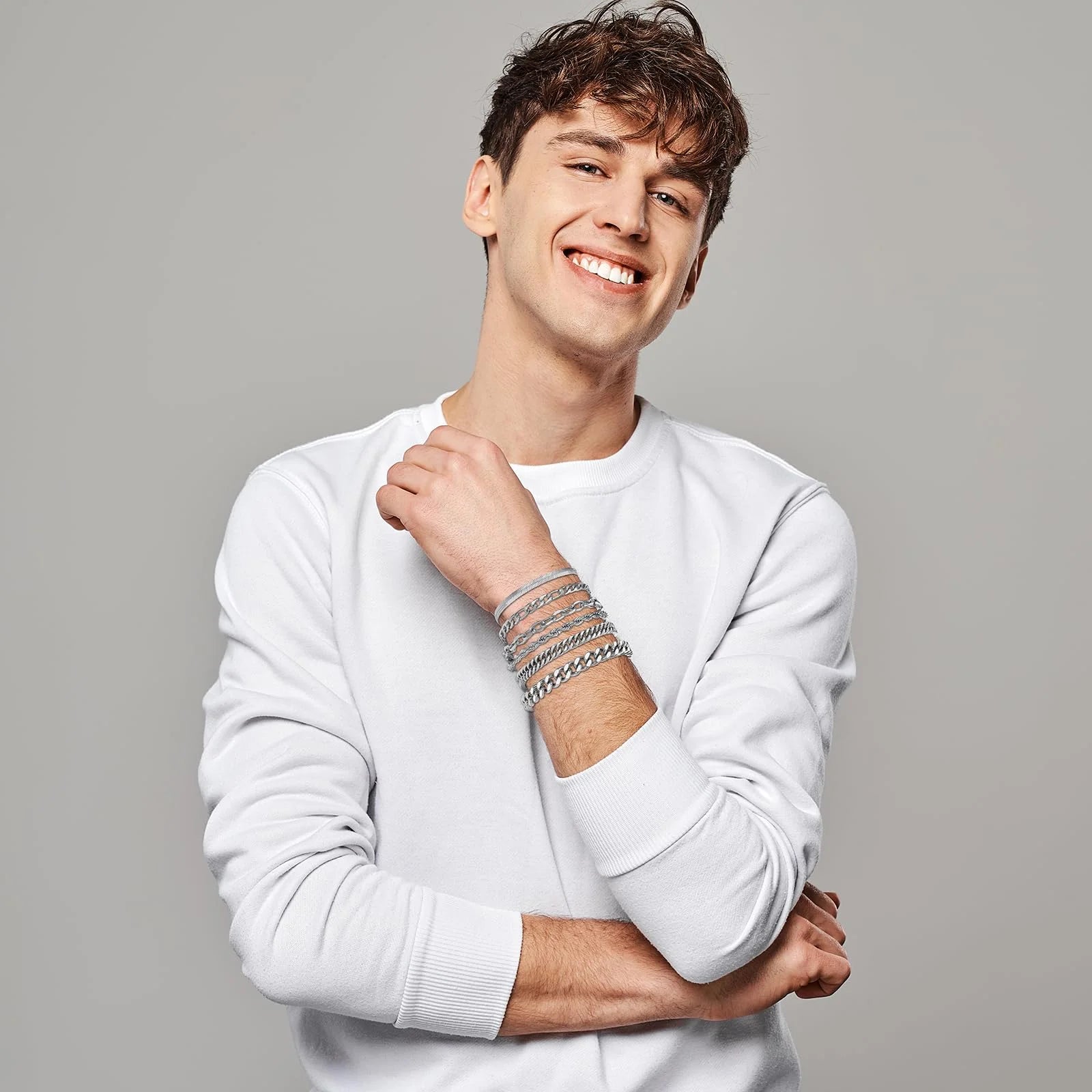 6 Pcs Silver Bracelets for Men Boys Women Stainless Steel Cuban Link Curb Rope Paperclip Figaro Herringbone Chain Bracelets Set Birthday Jewelry Gifts Ideas Teen Kids Age 6.5/7/7.5/8.3/9 Inches